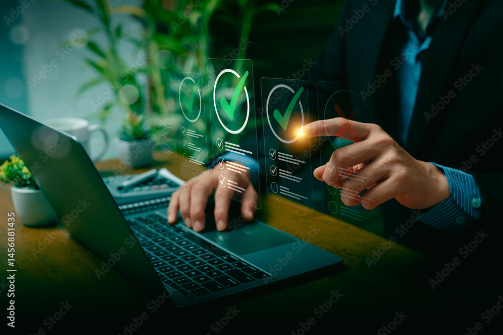 Poster business professional evaluating checklists on laptop with futuristic virtual interface, highlightin
