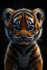 Obraz premium Cute tiger cub portrait, dark background, wildlife, nature, animal print, for cards