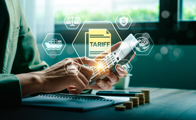 Digital Tariff Management and International Trade Calculation Concept with Businessman Using...