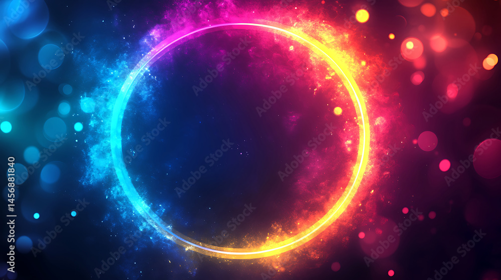 Poster abstract circular neon frame with glowing particles and bokeh lights for creative design backgrounds