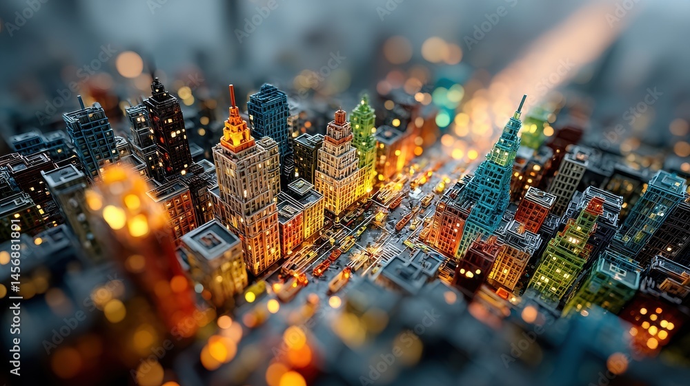 Poster high tech data network color grids over miniature cityscape with cinematic coloring created with gen
