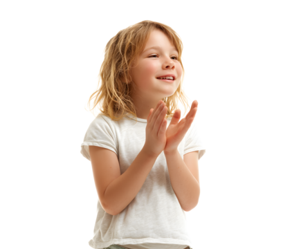 A young girl with blonde hair claps her hands, smiling with excitement and happiness.