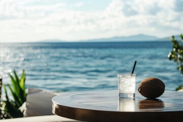 Refreshing Iced Drink Ocean View Summer Coconut Tropical Beach sea sun sky cool calm blue glass     