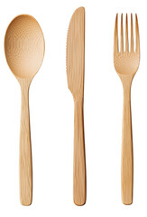 Wooden cutlery set including spoon, knife, and fork, isolated on transparency background, perfect for eco friendly dining experiences