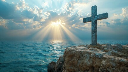 Misty landscape with cross