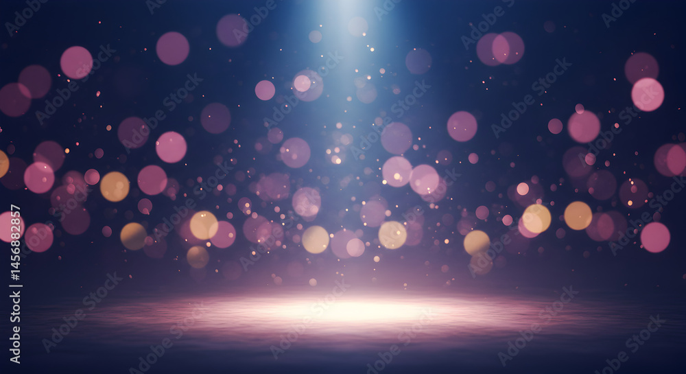 Poster ethereal backdrop of floating bokeh lights with pink and blue hues and spotlight on a textured surfa