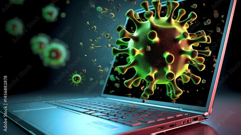 Poster microscopic virus model emerging from laptop screen, green-yellow pathogen with spiky structure brea