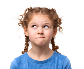 A cute girl with curly pigtails looks up, appearing thoughtful with a slight smile, in a portrait.