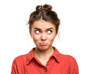 Portrait of a young woman with a doubtful expression, looking sideways with her hair up in a bun.