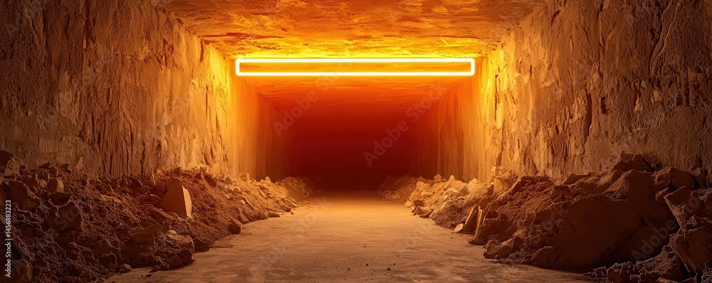Poster construction infrastructure tunnel progress concept. futuristic tunnel illuminated by a glowing ligh