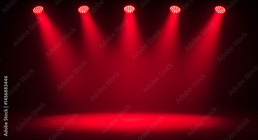 Poster five red spotlights shine on stage creating a dramatic illuminated effect with dark background