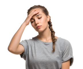 Portrait of a young woman holding her head, appearing tired or experiencing a headache.