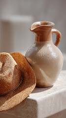 Water pitcher and straw hat resting on a sunny stone surface near a pool side during summer