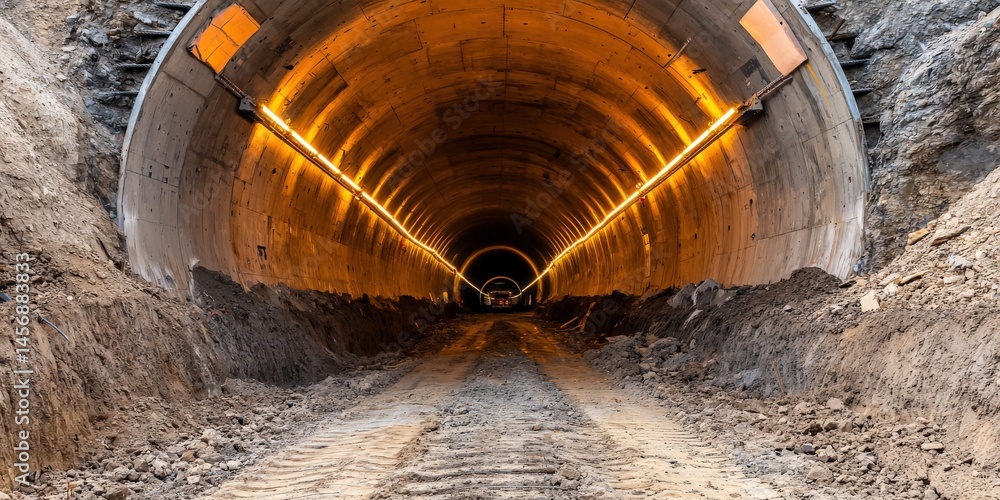 Poster construction infrastructure tunnel progress concept. underground tunnel with illuminated walls and r