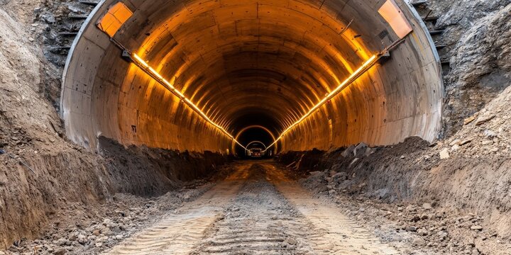 Fototapeta Construction infrastructure tunnel progress concept. Underground tunnel with illuminated walls and rough terrain.