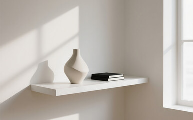 A modern minimalist interior with a single floating shelf mounted on a matte white wall. On the shelf: one designer ceramic vase with a sleek, asymmetric shape, and one closed black hardcover book. 