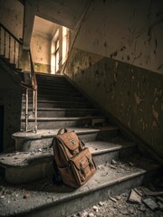 Abandoned school bag left on stairs in a derelict building capturing dark emotional atmosphere and sense of loss