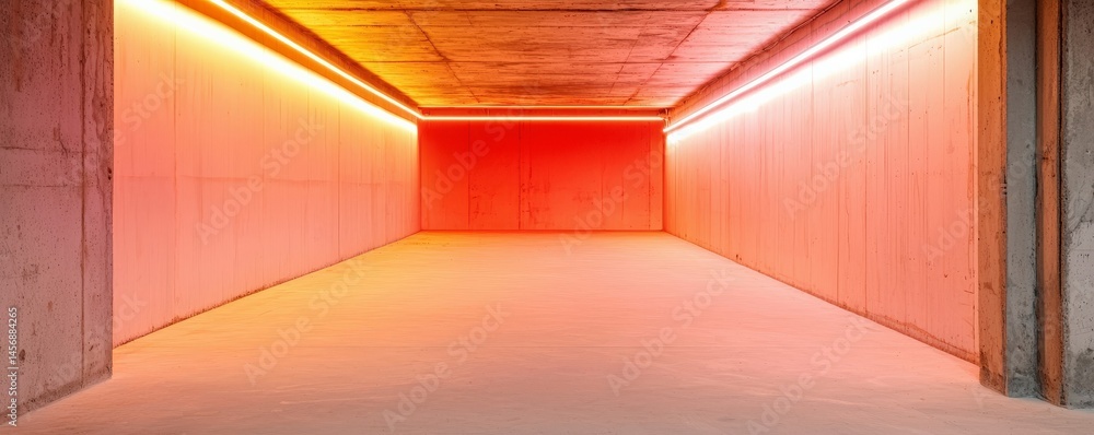Poster construction infrastructure tunnel progress concept. empty modern space with colorful lighting effec
