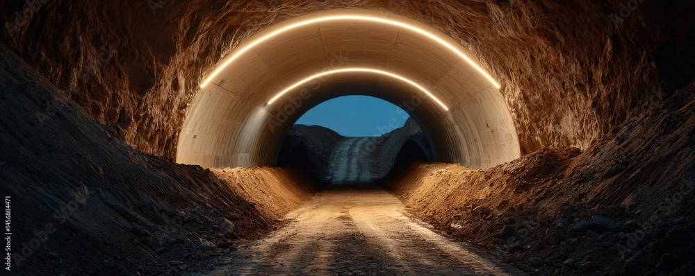 Poster construction infrastructure tunnel progress concept. dark tunnel with illuminated archway leading to