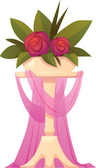 Wedding marble stand with flowers and pink fabric, vector illustration.