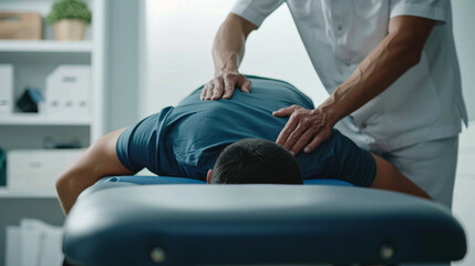Male patient receiving professional back massage therapy in clinic