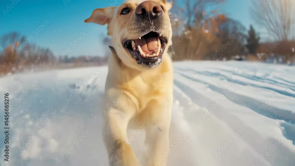Poster labrador retriever running and jumping through snowy landscape with wide open mouth and playful expr