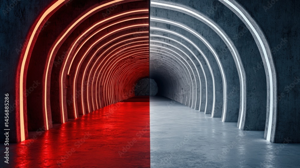Aufkleber construction infrastructure tunnel progress concept. symmetrical tunnel design with red and blue lig