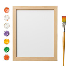 Wooden picture frame with blank canvas, surrounded by colorful paint pots and paintbrush, ready for artistic expression