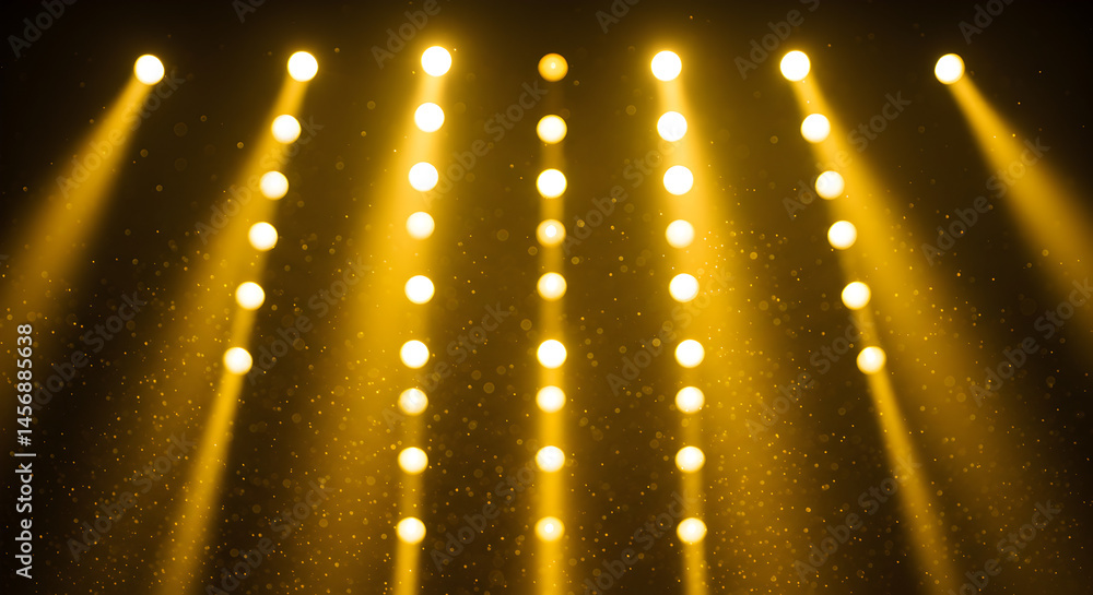 Poster golden stage lighting with symmetrical array of bright yellow spotlights against a dark backdrop and