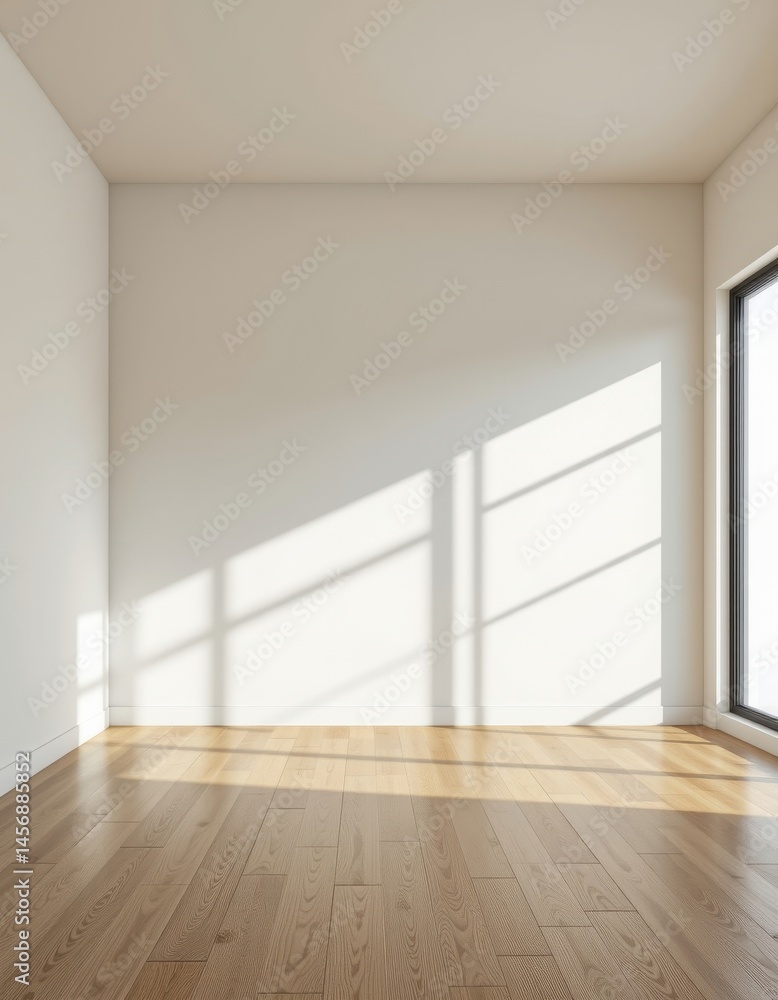 Poster create an abstract interior scene with a wooden floor and a large window creating glare on the wall