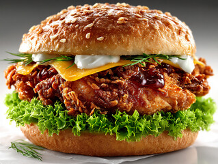 crispy chicken burger on clean white background