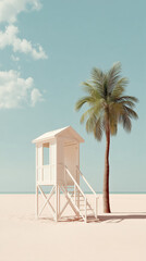 Lifeguard station beside palm tree on serene beach under clear blue sky