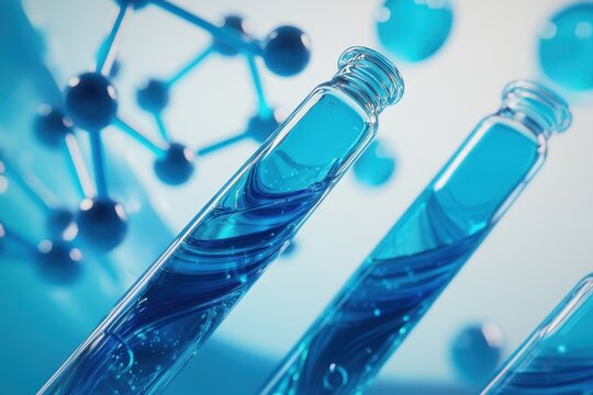 Close-up of three test tubes filled with a swirling blue liquid,  surrounded by  3D molecular structures.  Scientific research concept