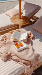 Relaxing afternoon by the pool with a book and fresh fruits on a sunny day