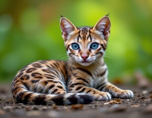 create a striking portrait of an ocelot lying on its side in a front view, the small feline should be positioned at the top of the image, leaving ample copy space at the bottom