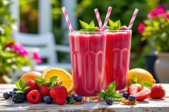 subject: refreshing fruit smoothies copy space:     art prompt: refreshing fruit smoothies with berries and mint leaves in a vibrant summer setting