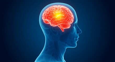 Stylized Blue Human Head Profile with Glowing Orangered Brain and Yellow Aura on Dark Background Medical Illustration for Science and Education