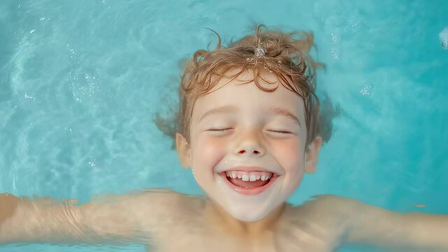 Preteen child with curly hair laughing while floating in blue water, eyes closed, enjoying swimming experience. Water droplets surrounding face, creating playful underwater scene.