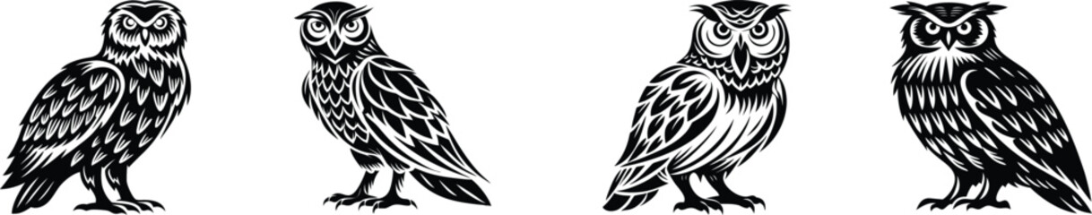 Owl Silhouettes Collection, Black Owl Vector Illustrations, Minimalistic Bird Designs