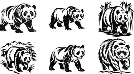 Panda Bear Silhouettes Collection, Black Panda Vector Illustrations, Minimalistic Wildlife Designs