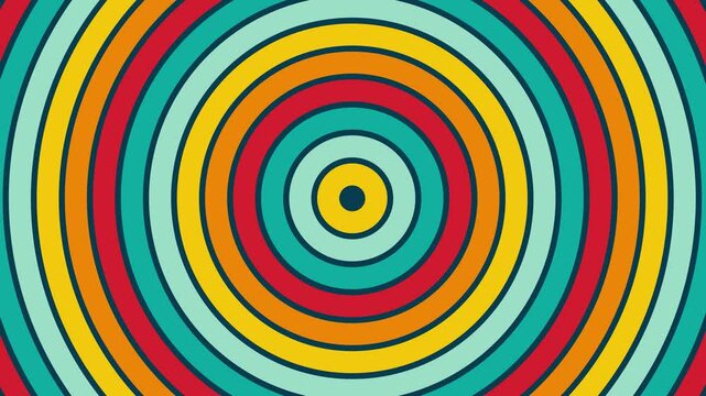 Retro goovy circle animation with optical illusion effect. Cartoon radial shapes increasing size in copy space background