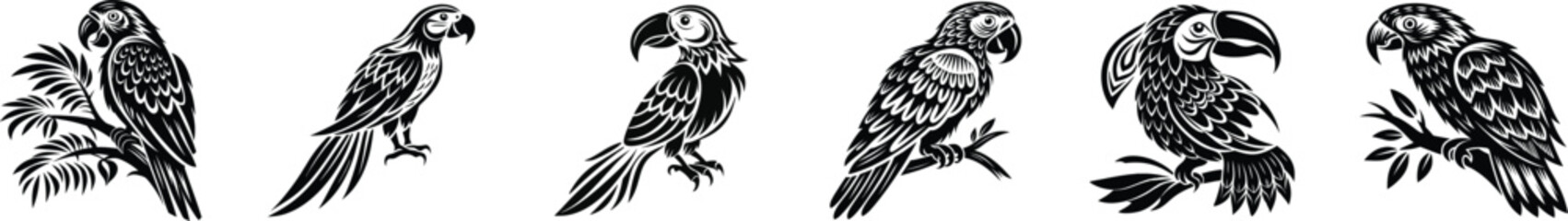 Parrot Silhouettes Collection, Black Parrot Vector Illustrations, Minimalistic Bird Designs