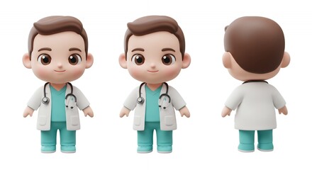 Obraz premium Cartoon Doctor Figurine in White Coat and Turquoise Scrubs Against White Background Shows Medical Profession