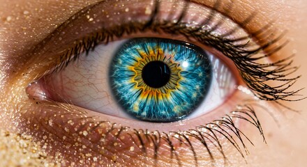 Extreme Close Up of a Striking Blue and Yellow Human Eye with Sand Grains on Skin Demonstrating Detailed Anatomy and Natural Beauty under Bright Lighting
