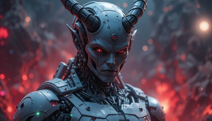 Cybernetic demon figure in futuristic setting.