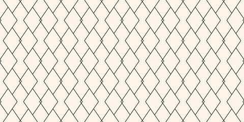 Fototapeta premium Subtle vector geometric lines texture. Black and white minimalist seamless pattern with diamonds, outline rhombuses, linear grid. Minimal abstract monochrome ornament. Art deco style. Geo background