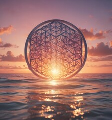 Ocean sunset, Flower of Life overlay, soft colors, tranquil scene ,  stock,  light,  calm
