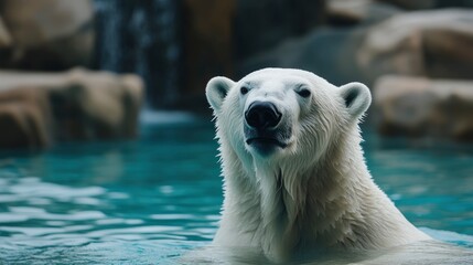 Polar Bear Emerging From Water. Majestic Animal In Its Natural Habitat, Calm And Serene.