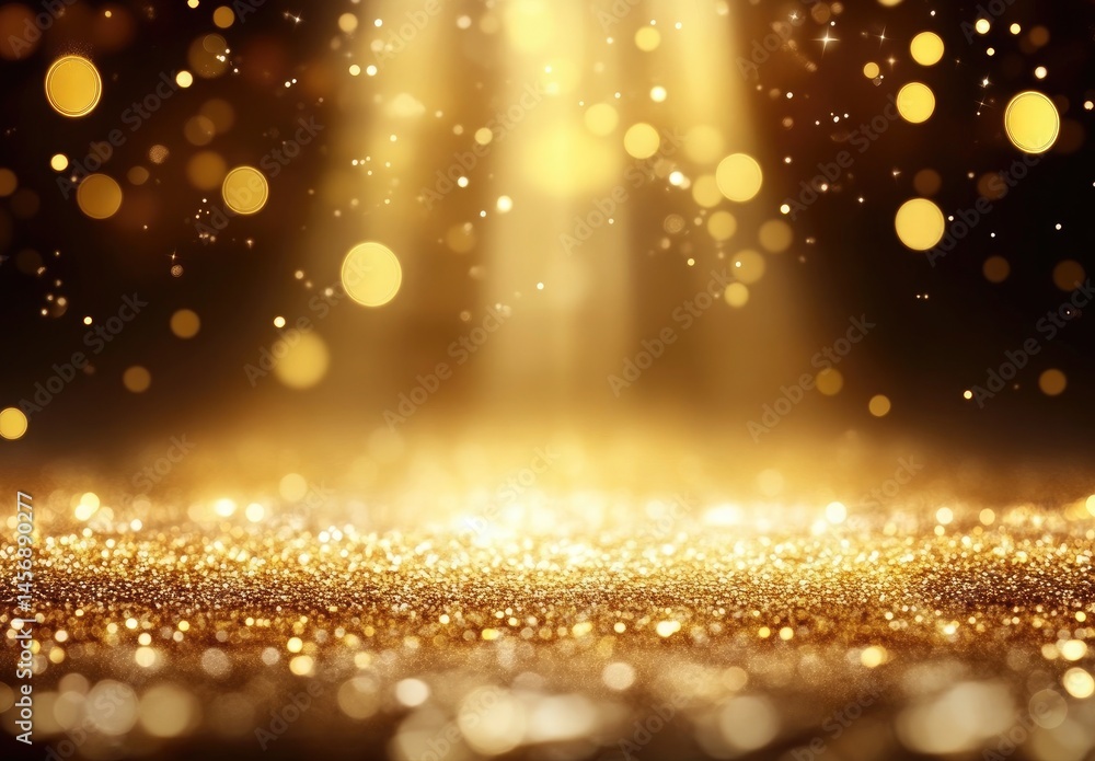 Poster golden glittering particles floating with bokeh lights shining brightly effect