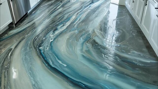 Flowing blue and gray epoxy floor installation in modern kitchen showcases stunning design beneath natural light